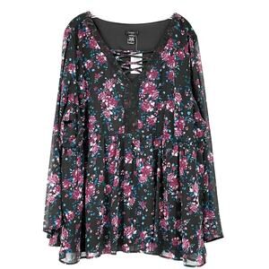NWT Torrid Dark Floral Top Black Sz 3 Flowy Dark Romantic Fairy Whimsigoth Sheer